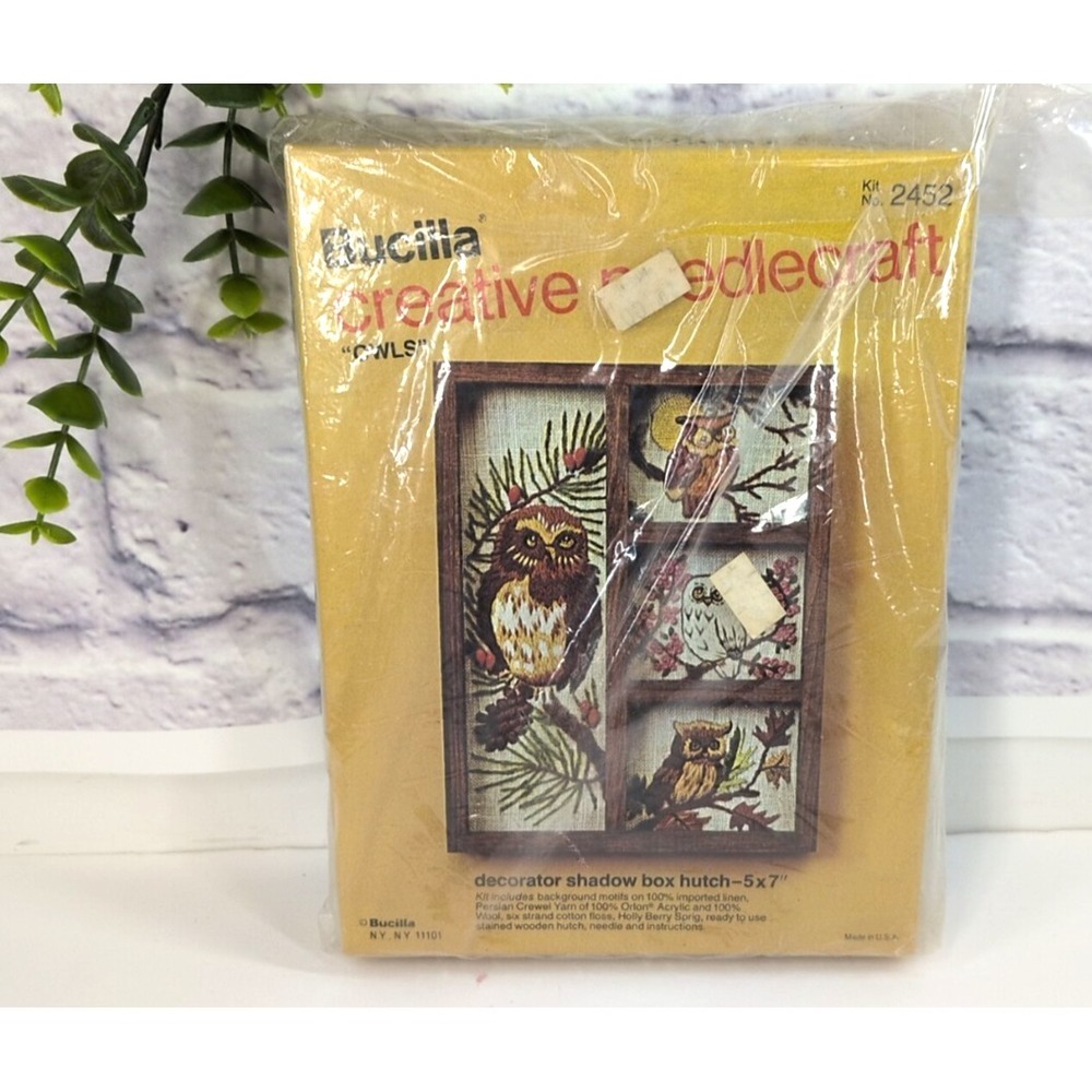 SEALED!😍Vtg BUCILLA Needlecraft MCM Shadow Box Hutch Owls Crewel Kit 5x7 #2452